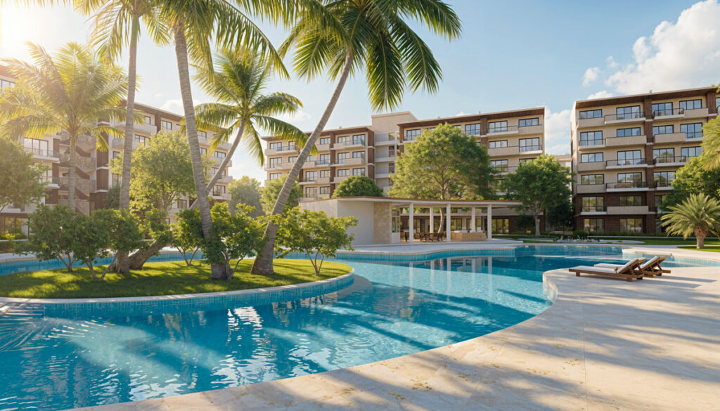 Luxury pool area at Macao Beach Residencias with tropical surroundings
