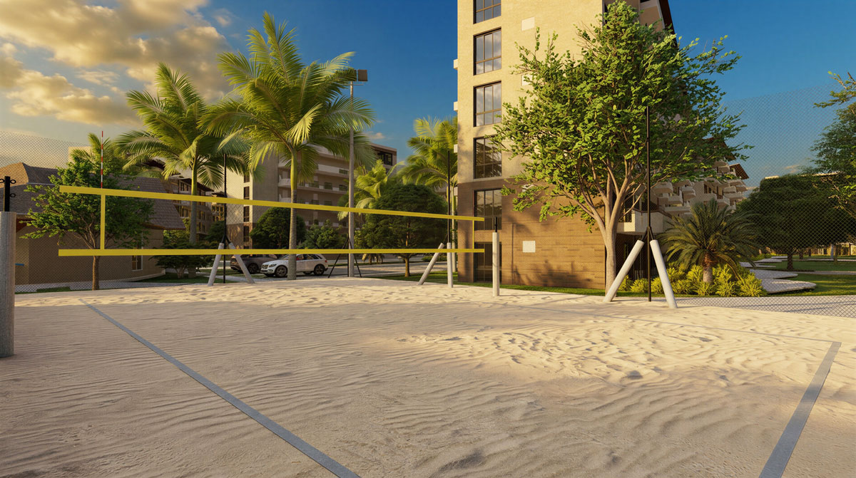 Beach volleyball court at Macao Beach Residencias sports and recreation area