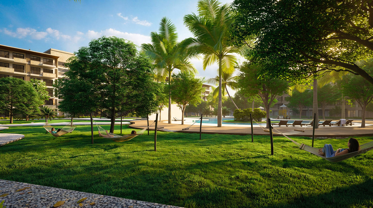 Hammock relaxation area at Macao Beach Residencias tropical resort